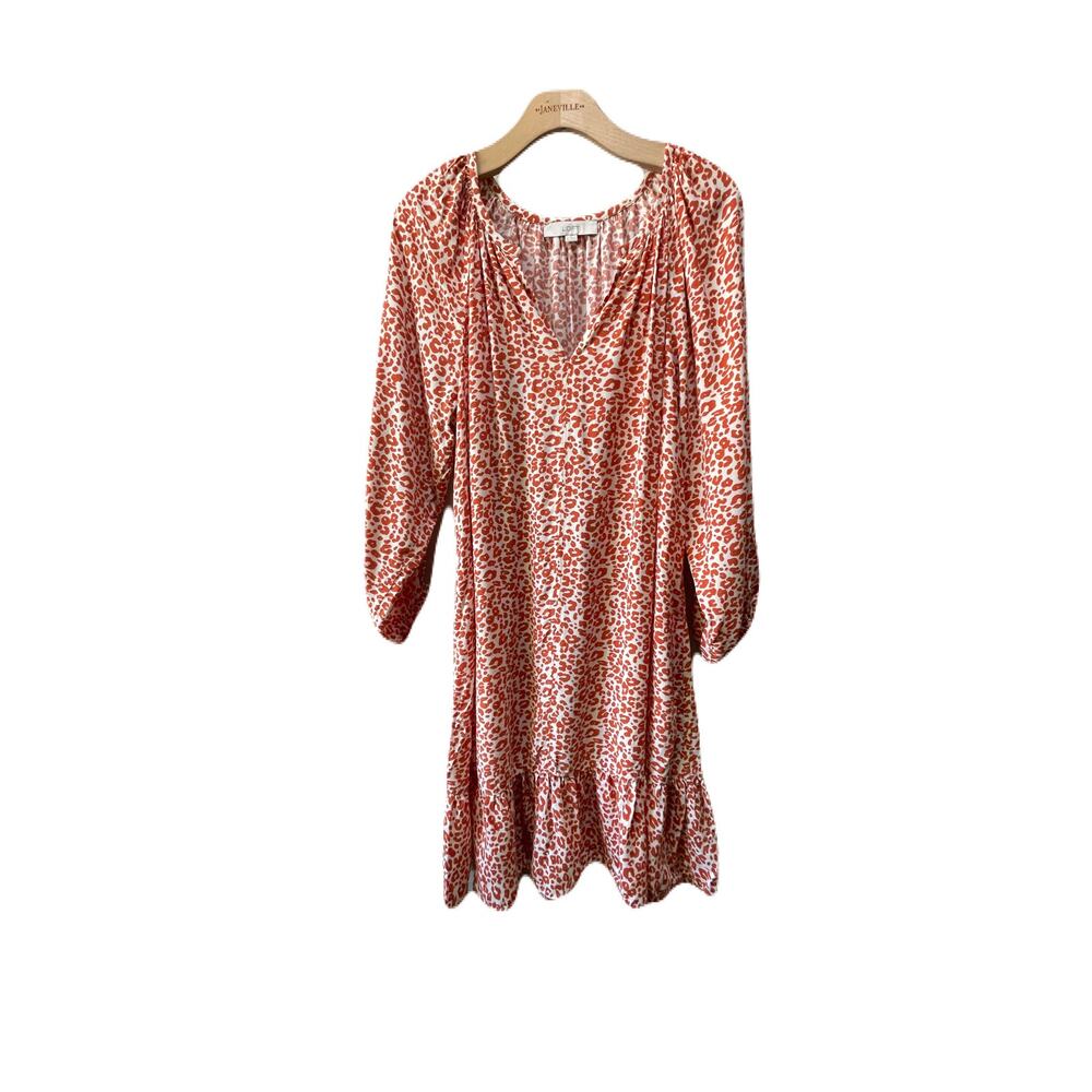 Loft Split Neck Shift Dress Orange Leopard Animal Print Long Sleeve Size Medium